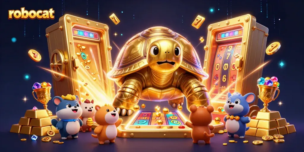 robocat game scene featuring casino elements like slot reels and gold bars, lively cartoon style