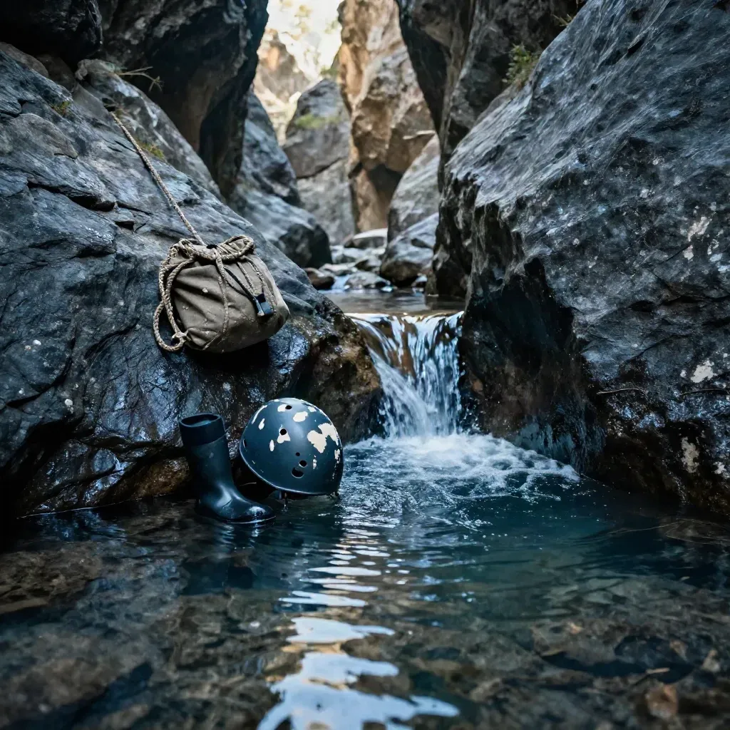 Poza de barranquismo con roca negra mojada, saco de cuerda, escarpines y casco reflejados en el agua.