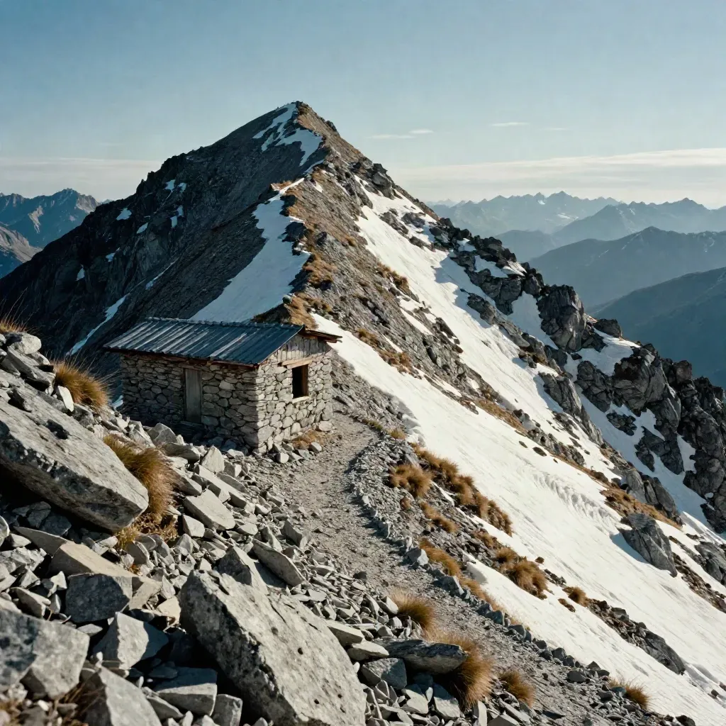 Refugio de alta montaña sobre canchal con nieve y la ruta cruzando la ladera.