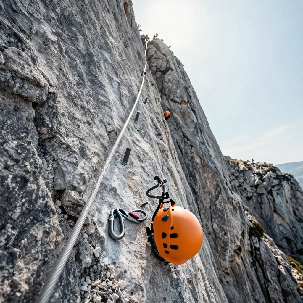 Vía ferrata en pared de caliza, cable y peldaños bajo cielo abierto, con casco al pie.