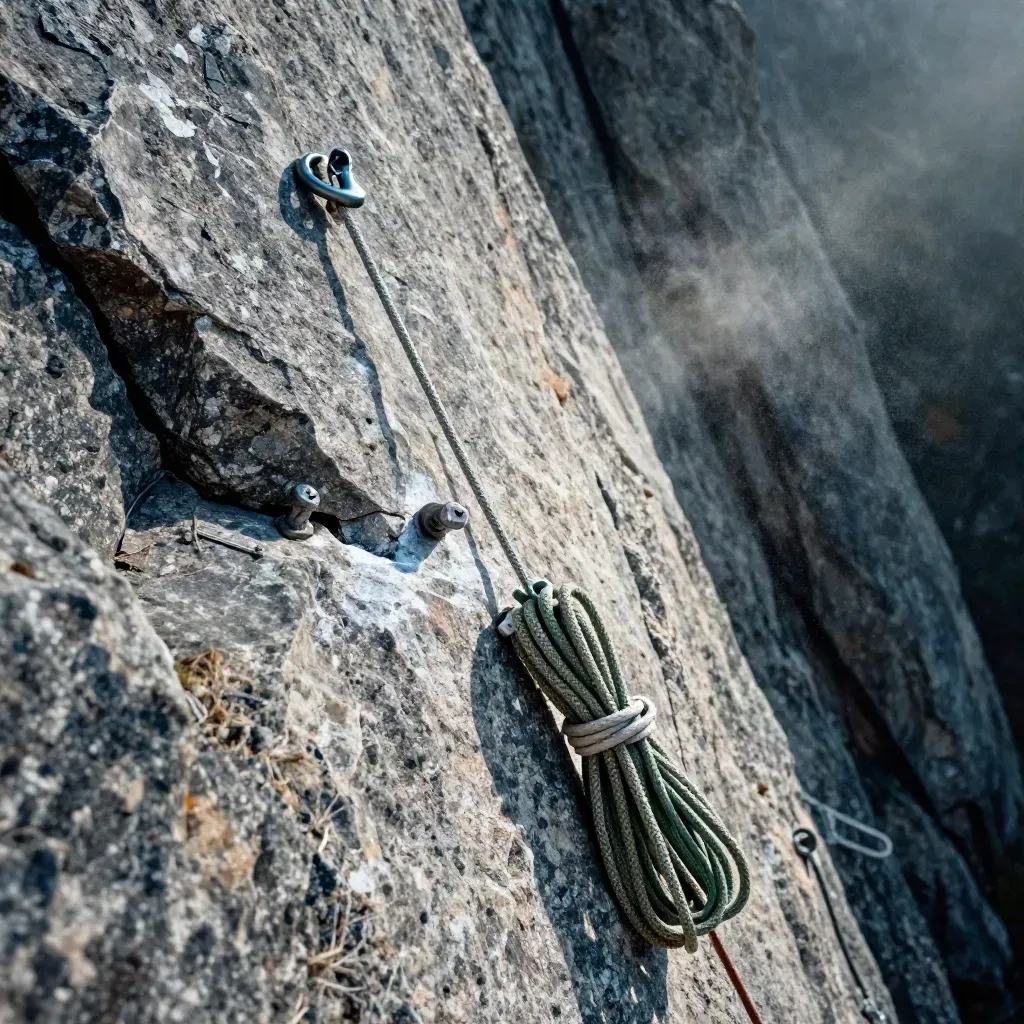 Escalada en una pared de granito con anclaje, cintas, cuerda y polvo de magnesio.