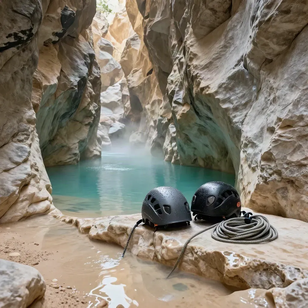 Barranco de roca caliza con poza turquesa, casco, bolsa de cuerda y spray en el aire.