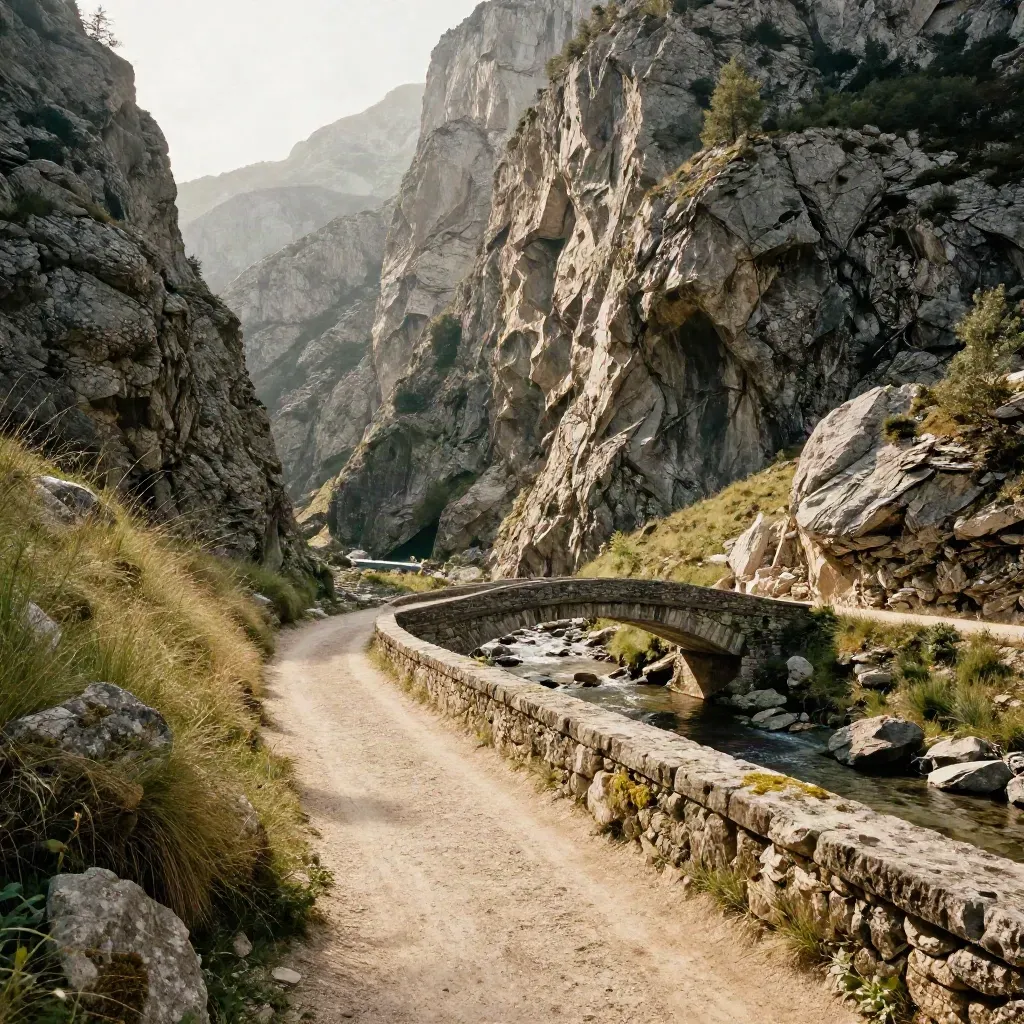 Valle de Ordesa con sendero en zigzag y puente de piedra bajo un acantilado calizo.