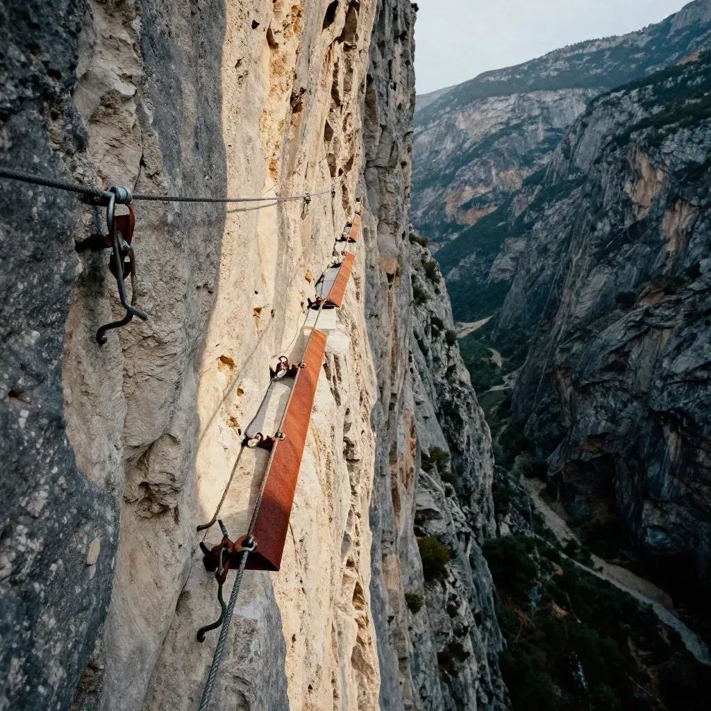Pared de ferrata en Cuenca con cable fijo, grapas metálicas y luz cálida sobre el cañón.