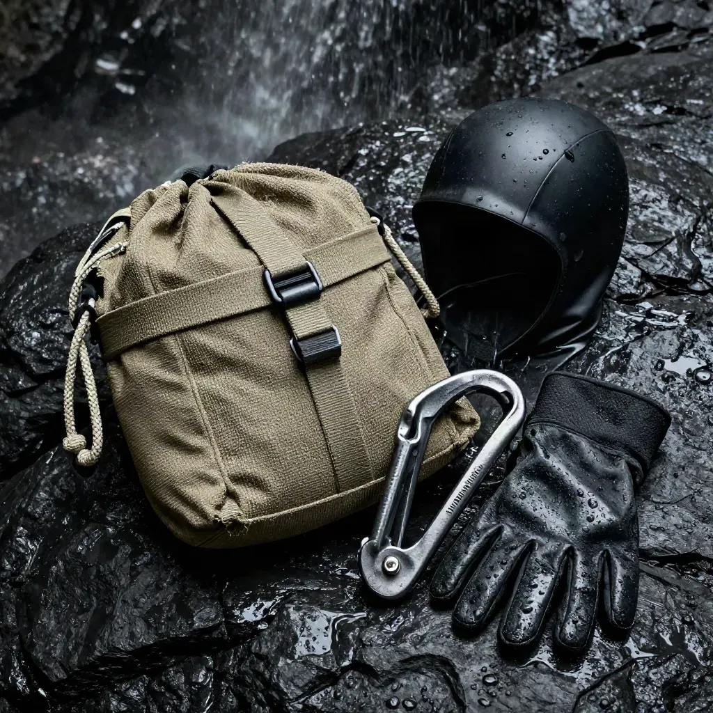 Bolsa de cuerda de barranquismo, capucha de neopreno, descensor y guantes mojados sobre basalto negro.