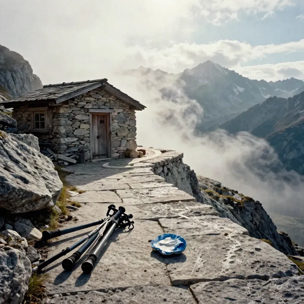 Refugio de montaña con terraza de piedra, bastones atados y picos lejanos bajo nubes.