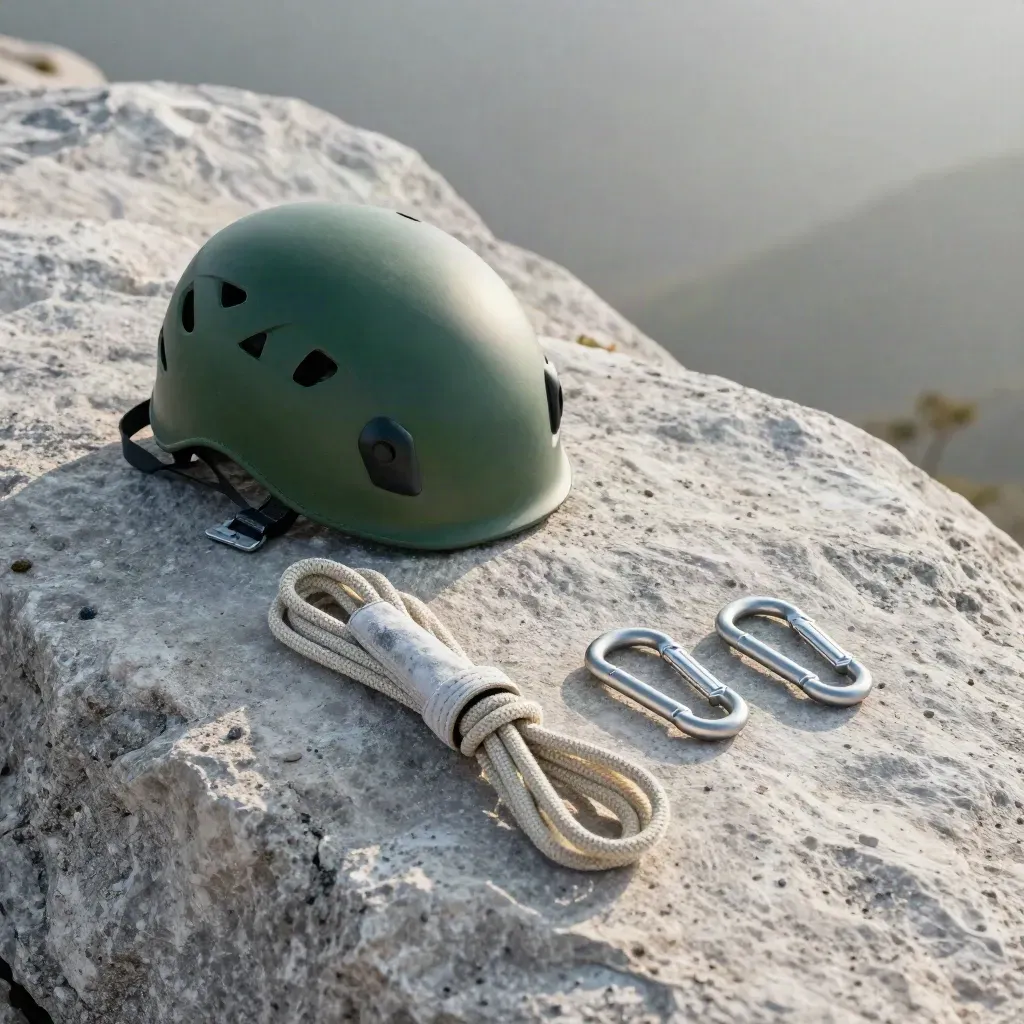 Casco, arnés, cuerda y mosquetones junto a una piedra de salida al amanecer.