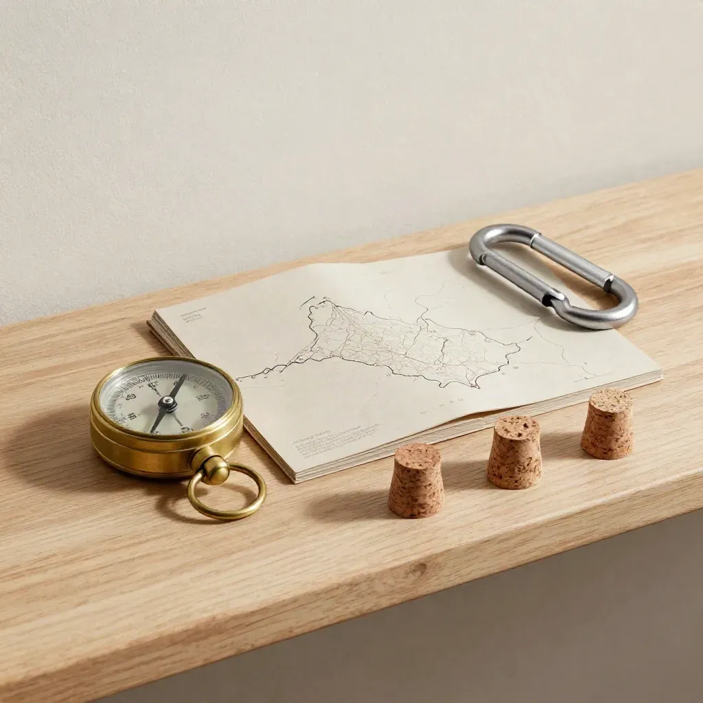 Brújula, estuche de ruta y mosquetón sobre madera clara con luz suave.