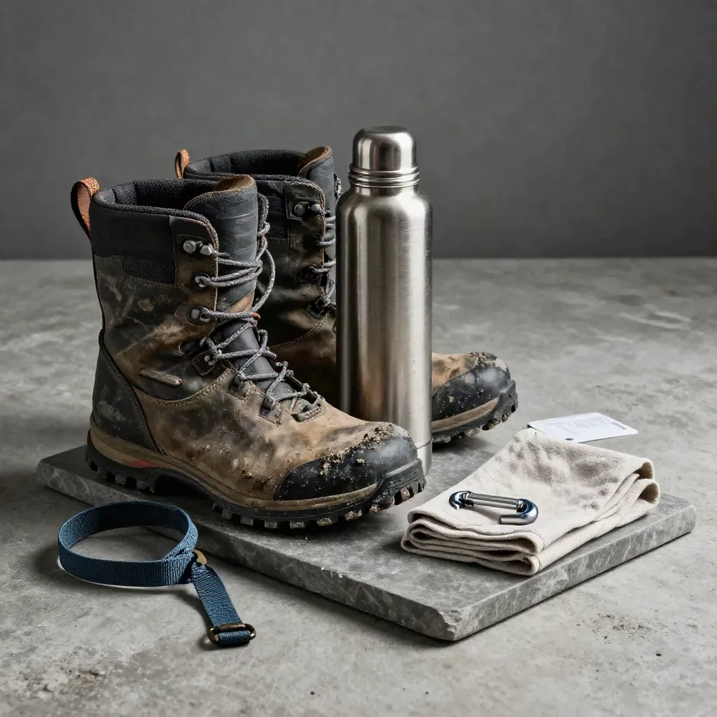 Botas de montaña con lanyard, mosquetón y cantimplora sobre bandeja de piedra.