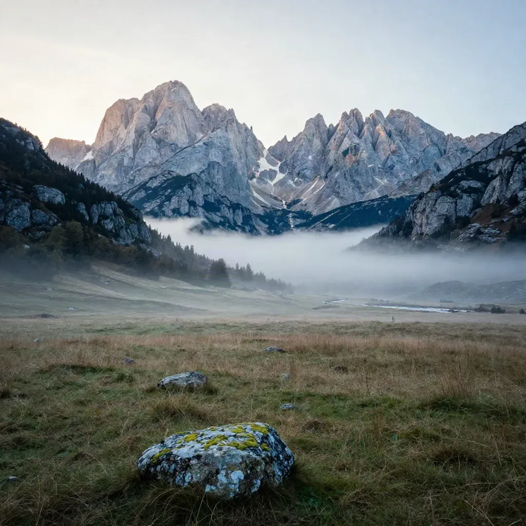 Torres de caliza de los Picos de Europa entre nubes sobre pradera tranquila.