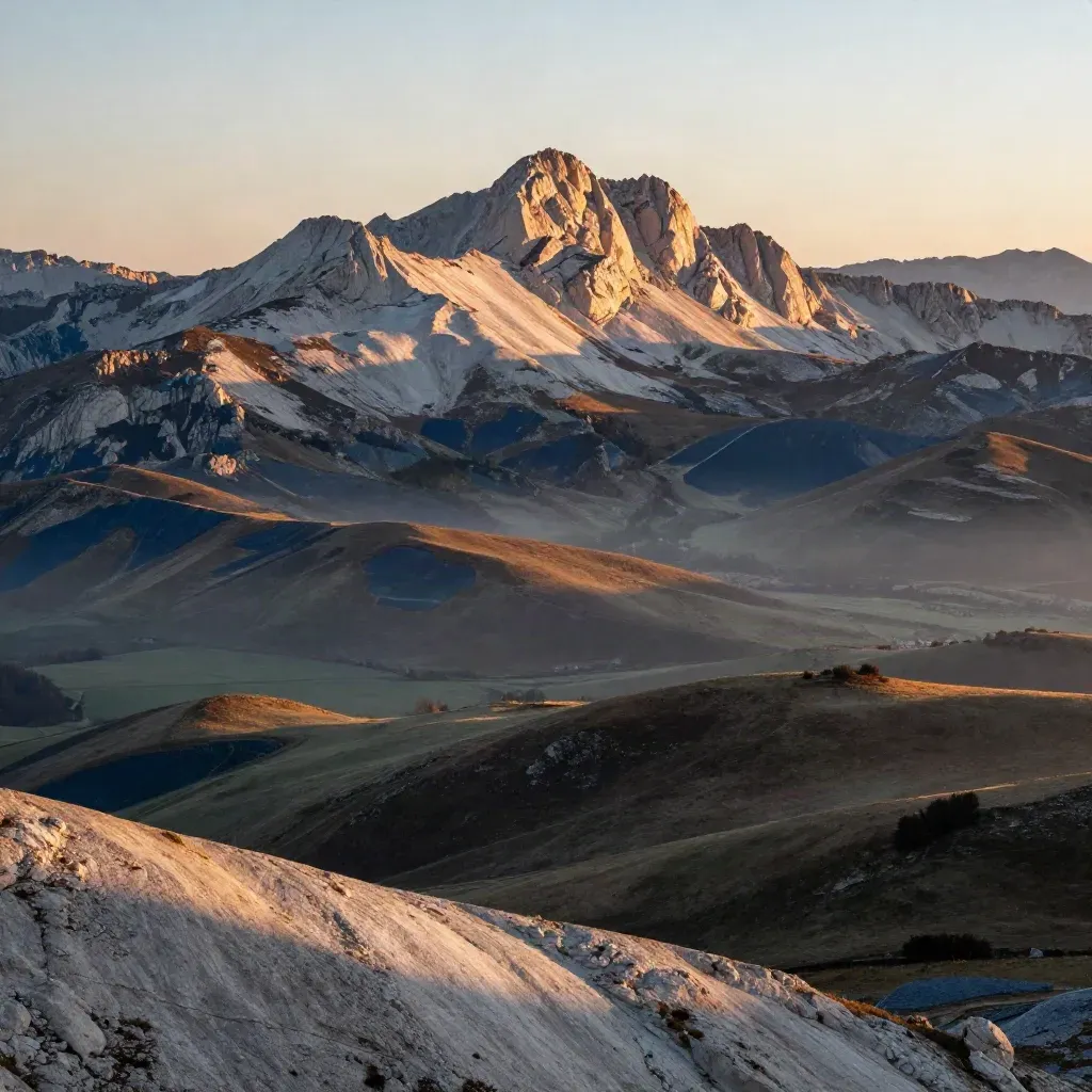 Ridge calcárea iluminada al amanecer sobre valles brumosos del Pirineo Aragonés.