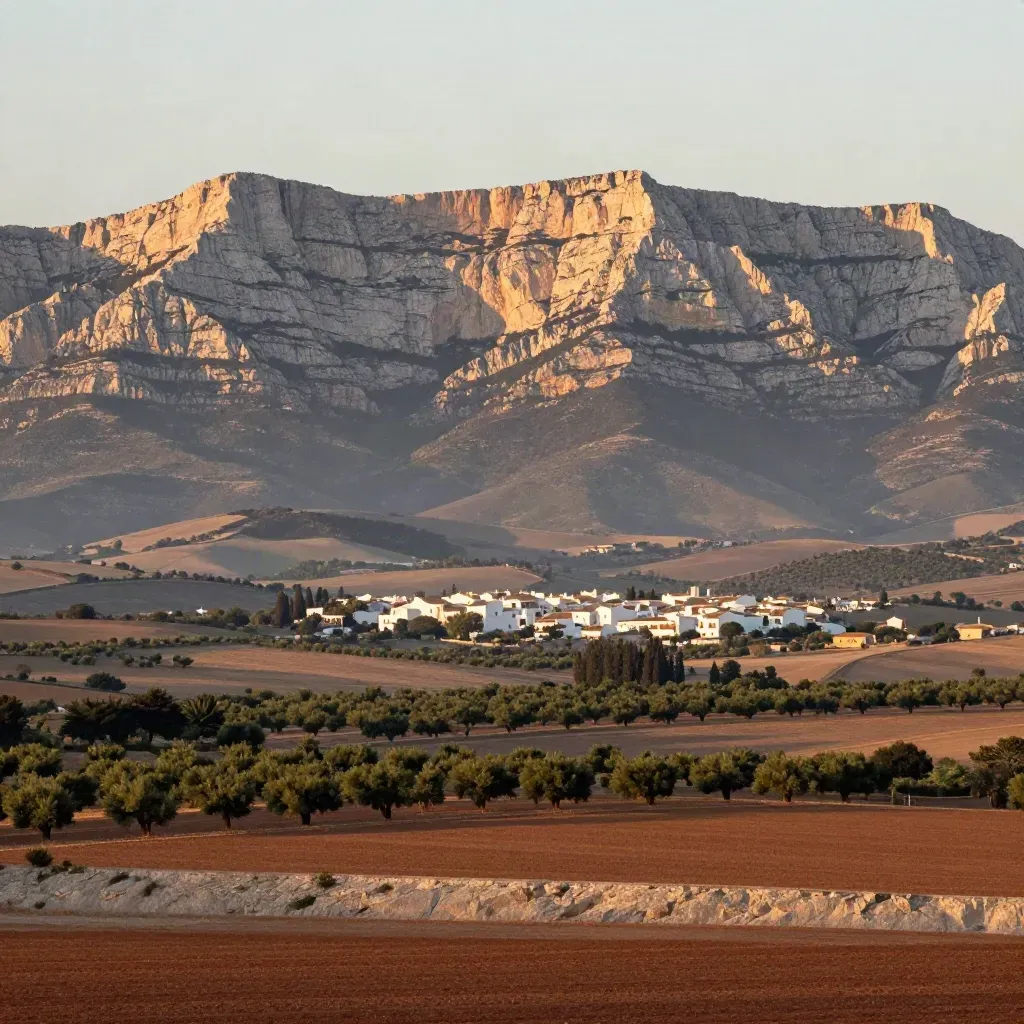 Sierra de Grazalema con cresta caliza sobre olivares y un pueblo blanco lejano