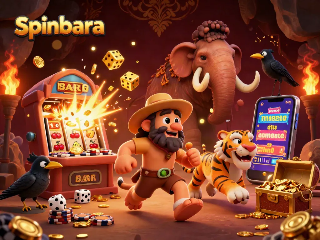 Spinbara illustrates a vibrant prehistoric casino scene with caveman characters and jackpot action.