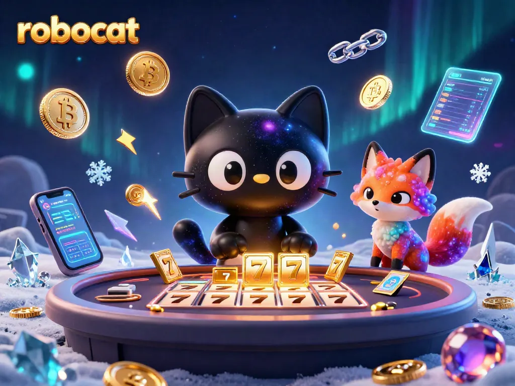 Spin to win with robocat at a cosmic casino surrounded by vibrant chips and gold!
